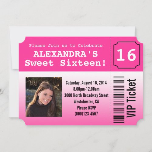 Hot Pink Sweet Sixteen Photo Ticket Invitation