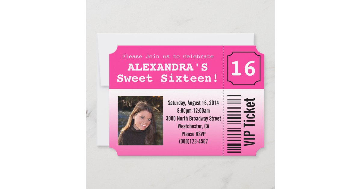 Hot Pink Sweet Sixteen Photo Ticket Invitation Zazzle