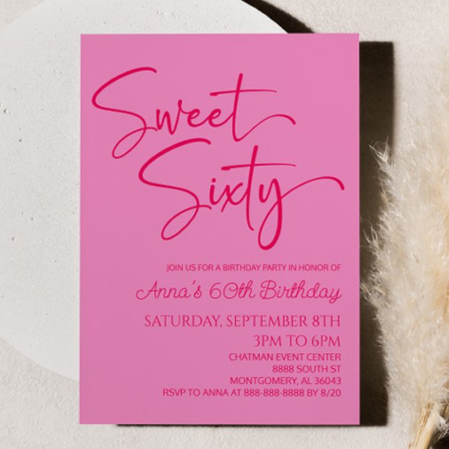 Hot Pink Sweet Sixty Minimal 60th Birthday Party Invitation (Creator Uploaded)