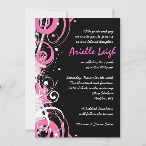 HOT PINK SWIRLS &amp; STARS Bat Mitzvah Invitation