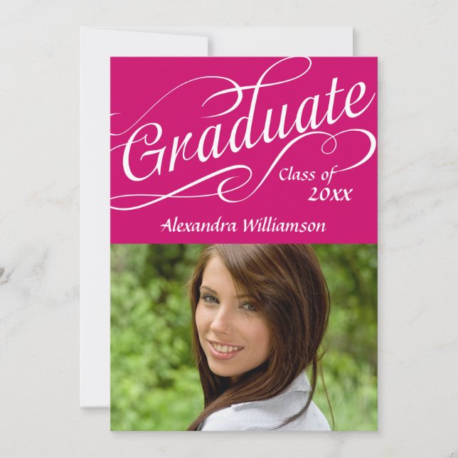 Hot Pink Swirly Script Graduate Invitation (Front)