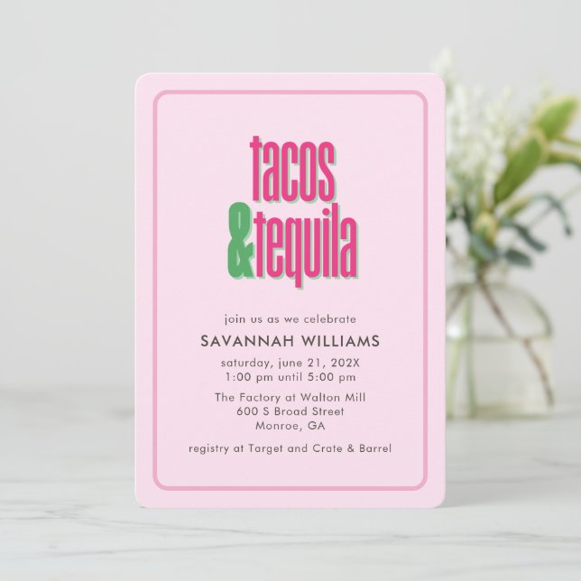 Hot Pink Tacos Birthday Bachelorette Bridal Shower Invitation (Standing Front)