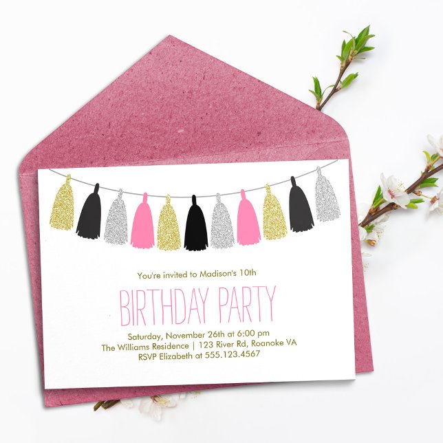 Hot Pink Tassels Garland Birthday Party Invitation (Creator Uploaded)