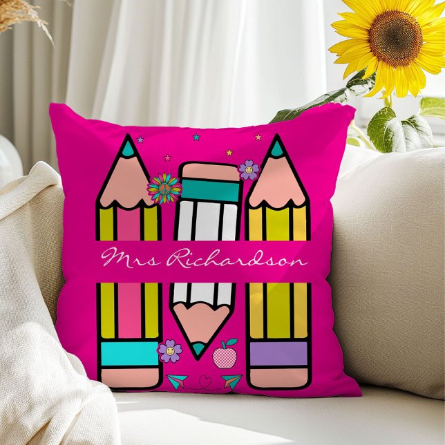 Hot Pink Teacher Colorful Pencil Name Throw Pillow (Creator Uploaded)