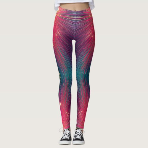 Hot pink teal abstract lines pattern chic modern leggings
