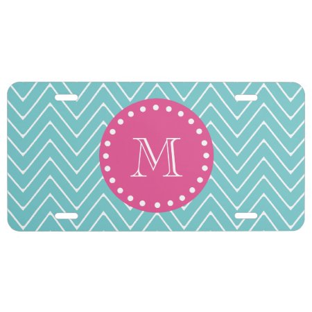 Hot Pink, Teal Blue Chevron | Your Monogram License Plate