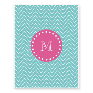 Hot Pink, Teal Blue Chevron   Your Monogram Temporary Tattoos