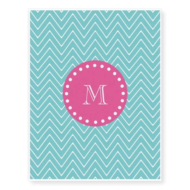 Hot Pink, Teal Blue Chevron | Your Monogram Temporary Tattoos (Front)