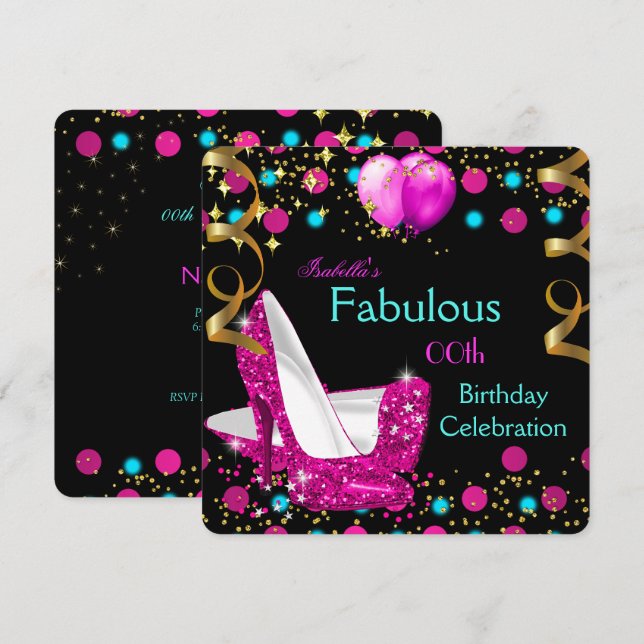Hot Pink Teal Blue High Heels Birthday Party Invitation (Front/Back)