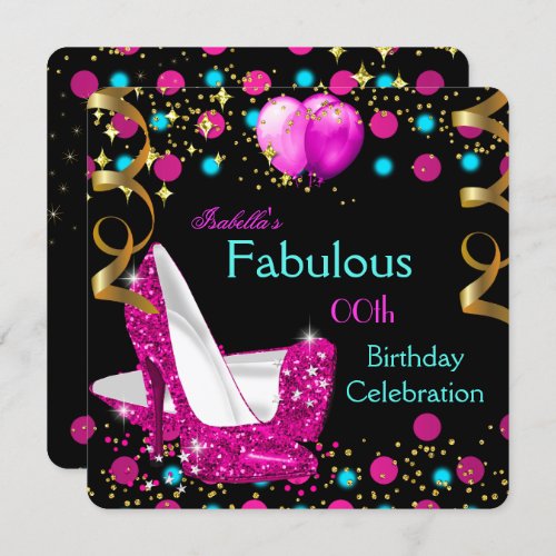 Hot Pink Teal Blue High Heels Birthday Party Invitation