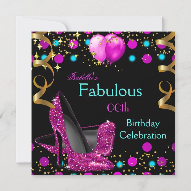 Hot Pink Teal Blue High Heels Fabulous Birthday Invitation (Front)