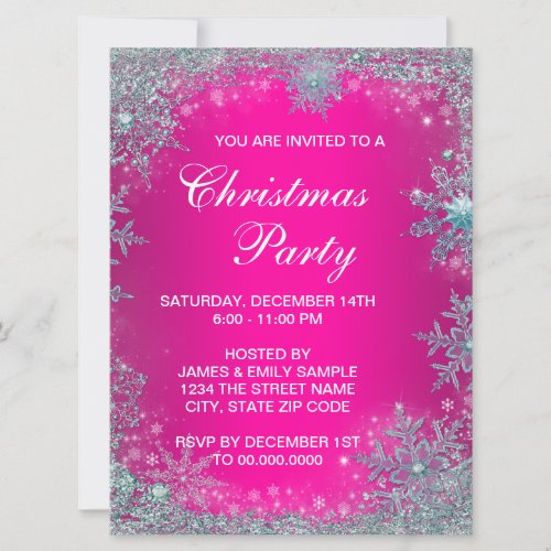 Hot Pink Teal Blue Snowflake Christmas Party Invitation
