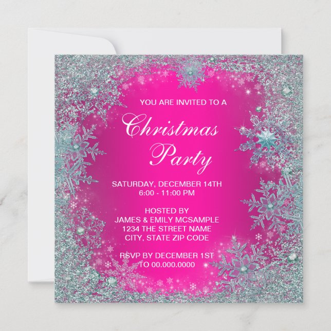 Hot Pink Teal Blue Snowflake Christmas Party Invitation (Front)