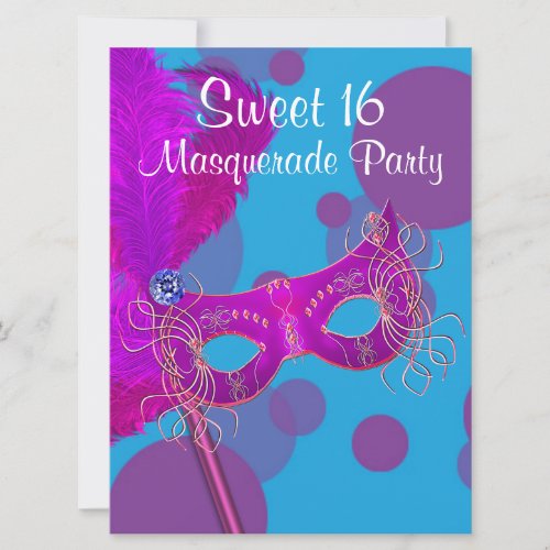Hot Pink Teal Blue Sweet 16 Masquerade Party Invitation