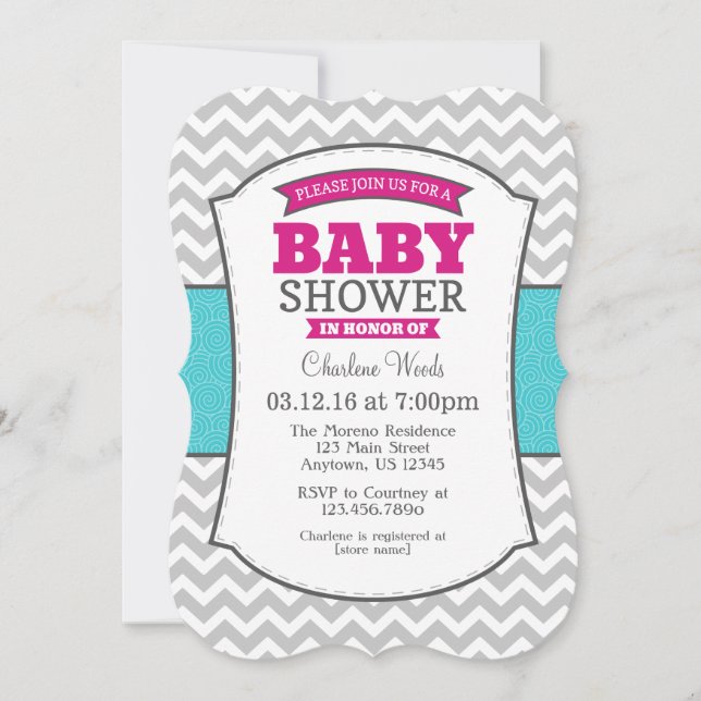 Hot Pink Teal Gray Chevron Baby Shower Invitation (Front)
