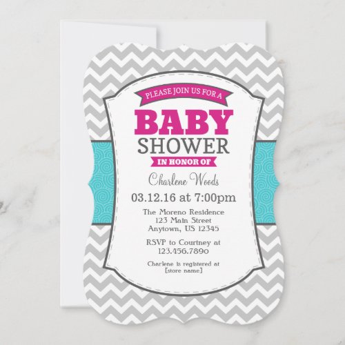 Hot Pink Teal Gray Chevron Baby Shower Invitation