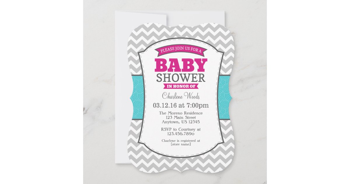 Hot Pink Teal Gray Chevron Baby Shower Invitation Zazzle Com