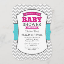 Hot Pink Teal Gray Chevron Baby Shower Invitation