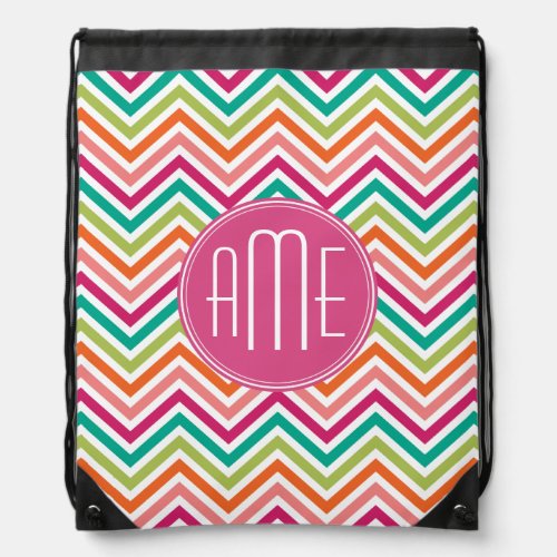 Hot Pink Teal Orange Chevrons Custom Monogram Drawstring Bag