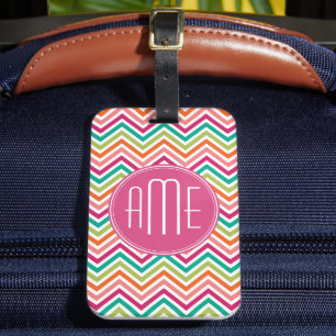Hot Pink Teal Orange Chevrons Custom Monogram Luggage Tag
