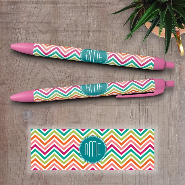 Hot Pink Teal Orange Chevrons Custom Monogram Pen (Custom Pen - Personalize this writing pen with your name, monogram or other text)