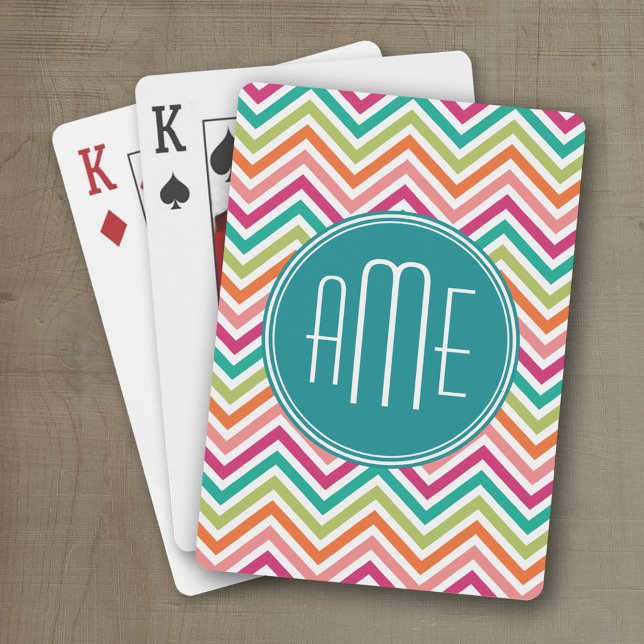 Hot Pink Teal Orange Chevrons Custom Monogram Poker Cards (Personalized playing cards with an area for text such as a name or monogram)