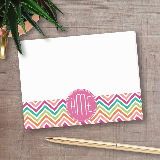 Hot Pink Teal Orange Chevrons Custom Monogram Post-it Notes (Personalized Post-it notes - add your name and other text)