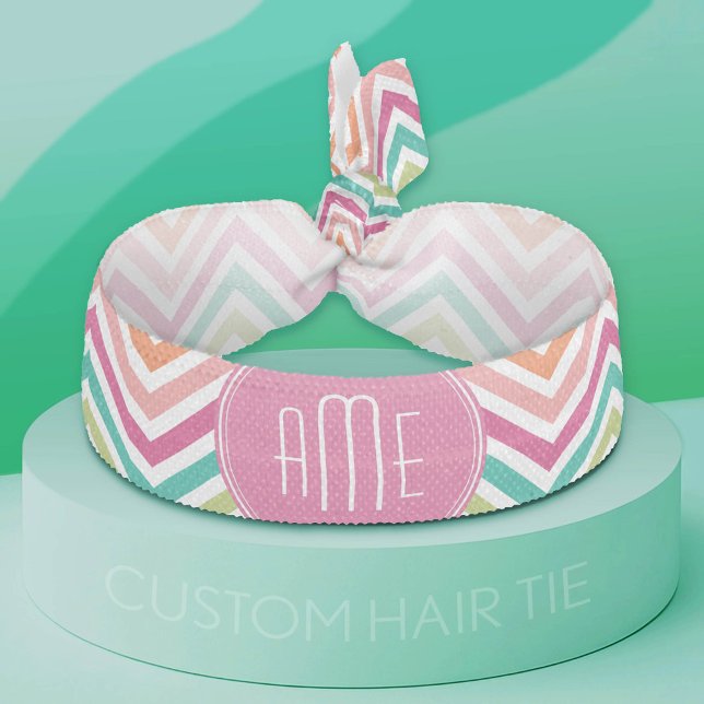 Hot Pink Teal Orange Chevrons Custom Monogram Ribbon Hair Tie (Custom Hair Tie)