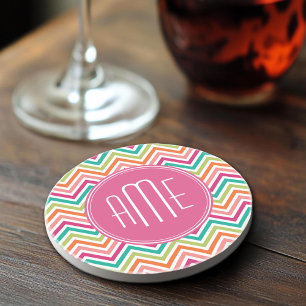 Hot Pink Teal Orange Chevrons Custom Monogram Sandstone Coaster