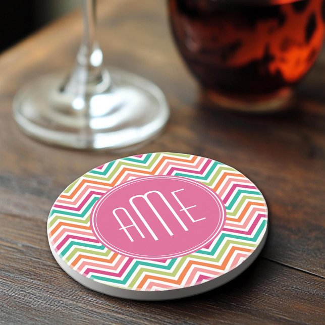 Hot Pink Teal Orange Chevrons Custom Monogram Sandstone Coaster (Sandstone Coaster)
