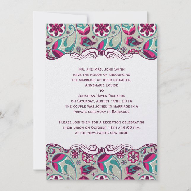 Hot Pink Teal Paisley Post Wedding Invitation (Front)