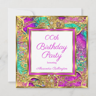 Hot pink teal purple Elite Gold Birthday Party Invitation