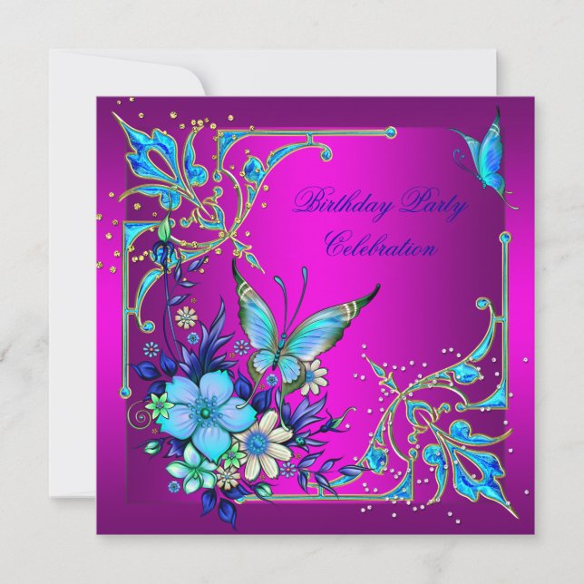 Hot Pink Teal Royal Blue Butterfly Birthday Party Invitation (Front)