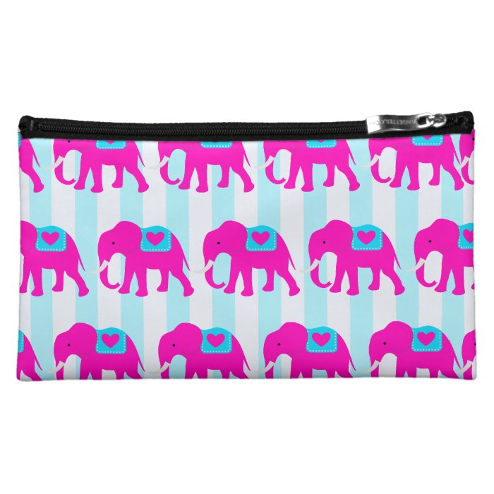 Hot Pink Teal Turquoise Blue Elephants on Striped Makeup Bag