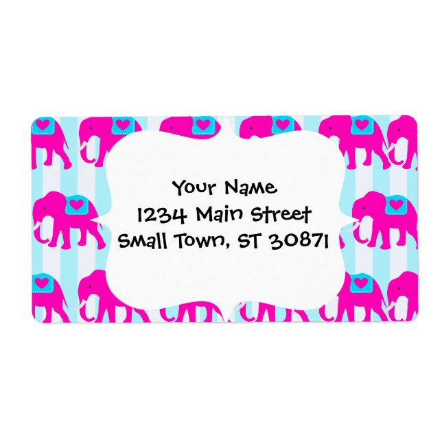 Hot Pink Teal Turquoise Blue Elephants on Striped Label (Front)