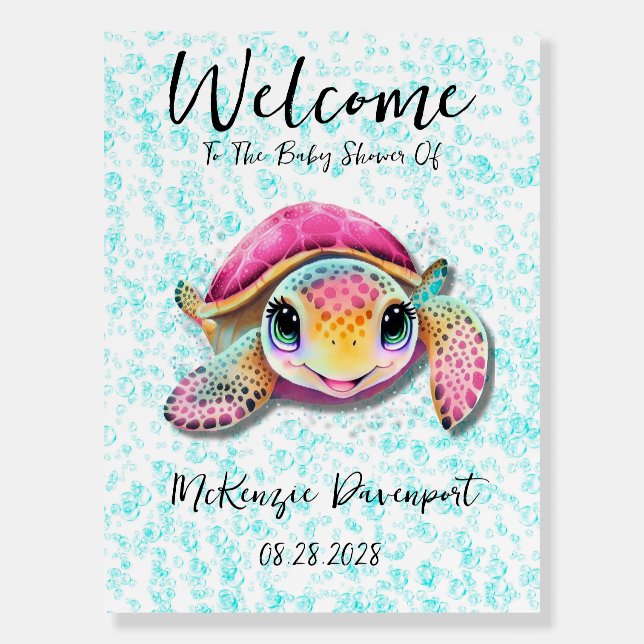 Hot Pink Teal Turtle Girl Baby Shower Welcome Sign (Front)
