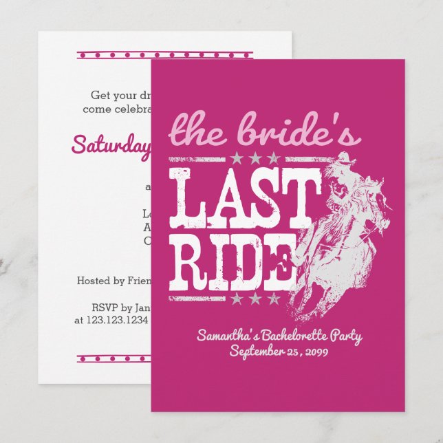 Hot Pink The Bride's Last Ride Invitation (Front/Back)