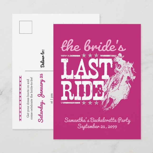 Hot Pink The Bride's Last Ride Invitation Postcard (Front/Back)