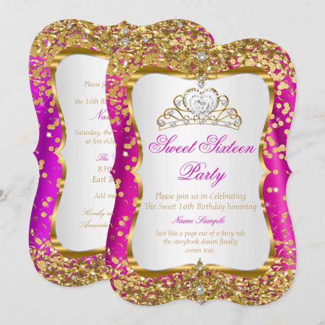Hot Pink Tiara Princess Sweet 16 Gold White Invite (Front/Back)