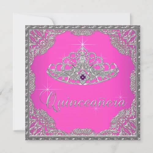 Hot Pink Tiara Quinceanera Invitation