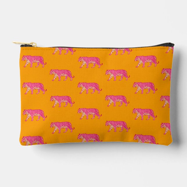 Hot Pink Tiger on Bold Orange Boho Pattern Accessory Pouch (Front)