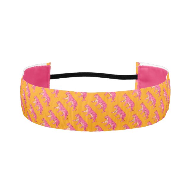 Hot Pink Tiger on Bold Orange Boho Pattern Athletic Headband (Front)