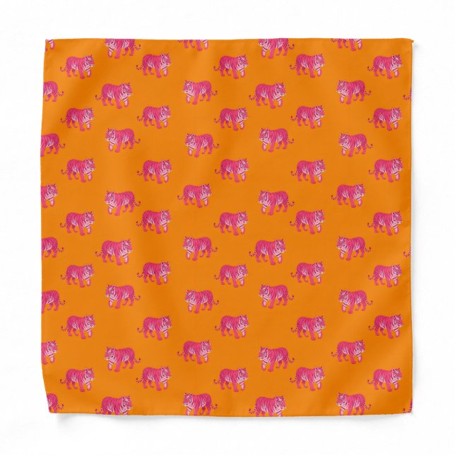 Hot Pink Tiger on Bold Orange Boho Pattern Bandana (Front)