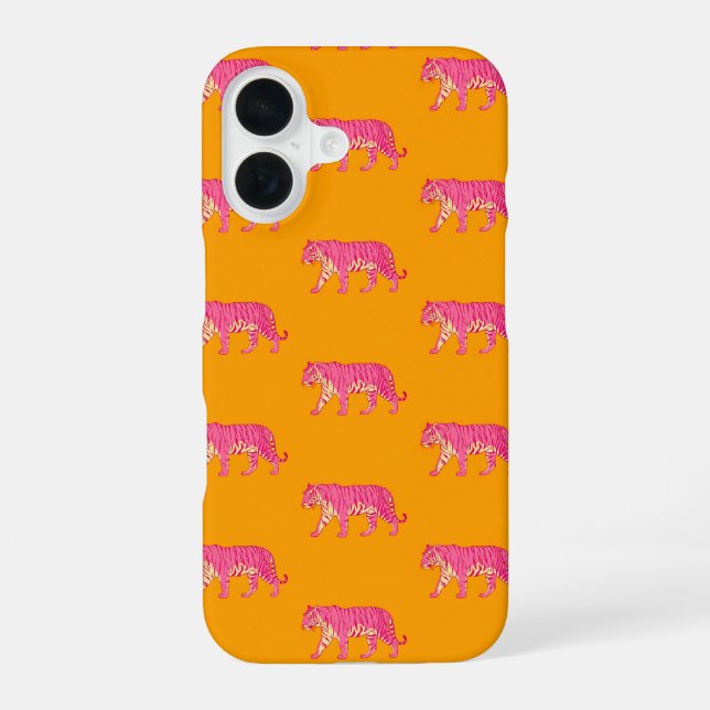 Hot Pink Tiger on Bold Orange Boho Pattern Iphone Case (Back)