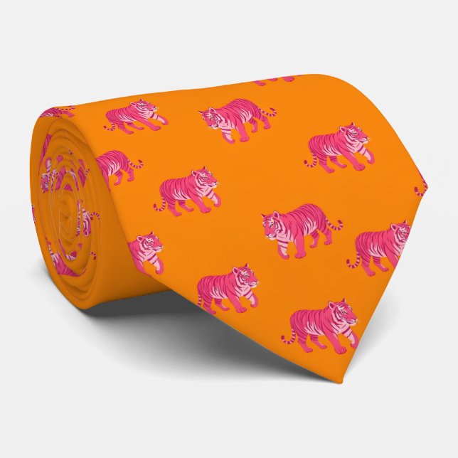 Hot Pink Tiger on Bold Orange Boho Pattern Neck Tie (Rolled)