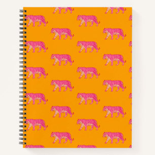 Hot Pink Tiger on Bold Orange Boho Pattern Notebook