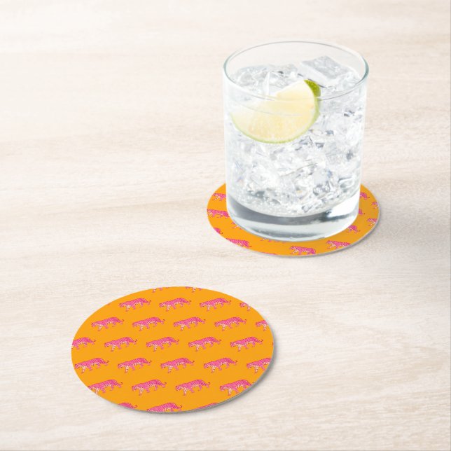 Hot Pink Tiger on Bold Orange Boho Pattern Round Paper Coaster (Insitu)