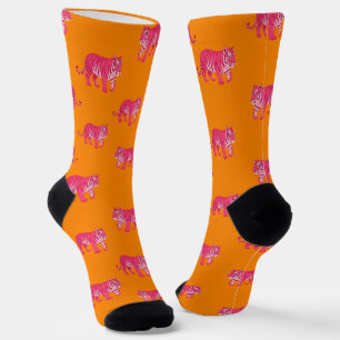 Hot Pink Tiger on Bold Orange Boho Pattern Socks