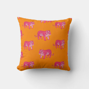 Hot Pink Tiger on Bold Orange Boho Pattern Throw Pillow