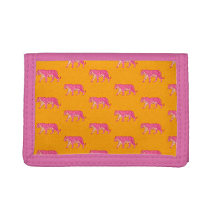 Hot Pink Tiger on Bold Orange Boho Pattern Trifold Wallet